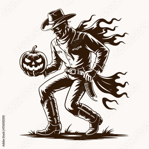 Scary Cowboy Holding Jack-o'-lantern with Fiery Scarf and Knife Illustration