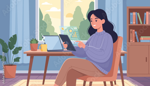 A young woman with dark hair, wearing a cozy purple sweater and brown pants, sits comfortably in an armchair at her desk, focused on her digital tablet displaying financial charts and data, with a
