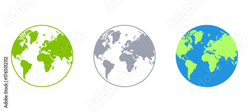 World Map Globe Icons Green Gray Blue Tone Simple Vector Set for Global Travel Eco Design