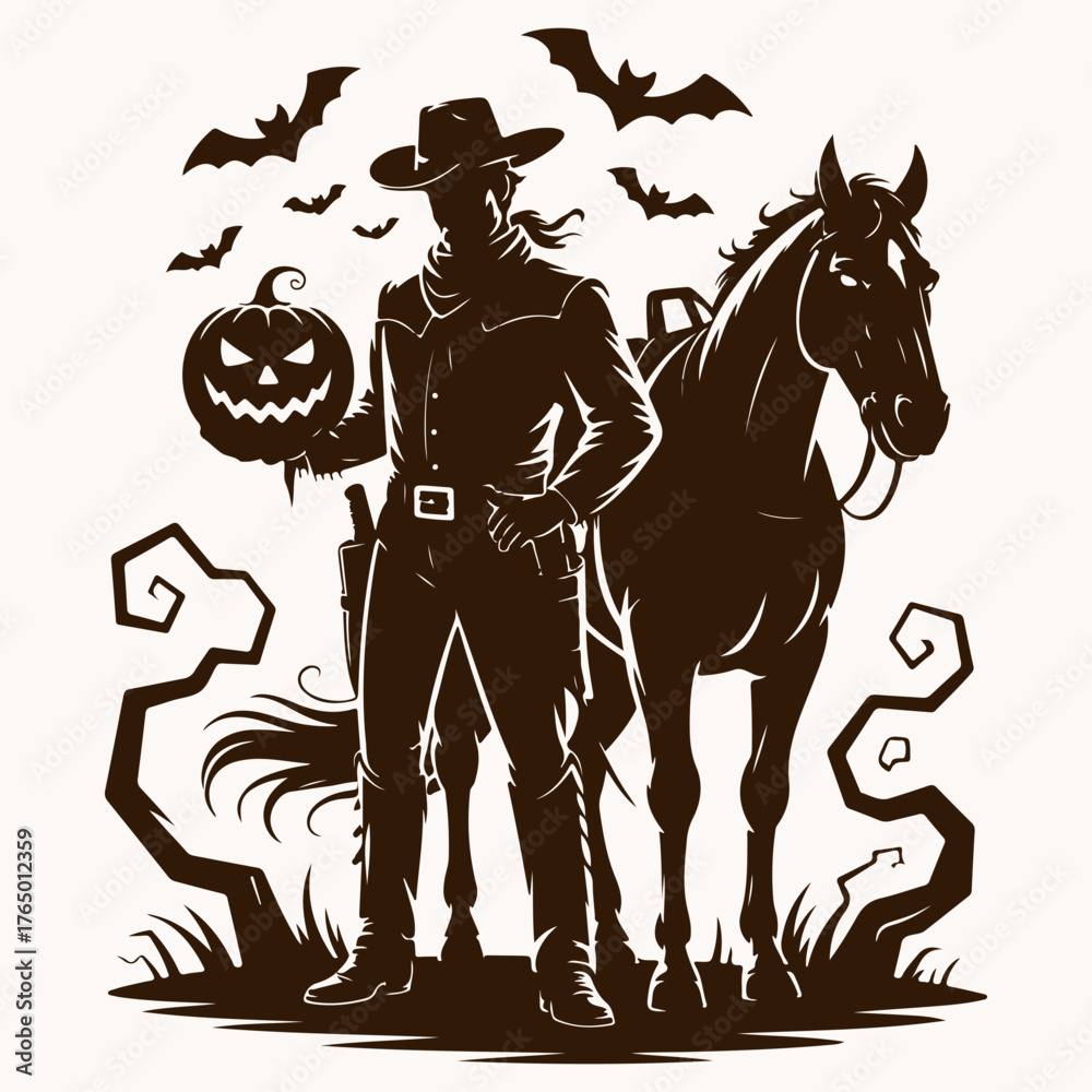 Fototapeta premium Spooky Cowboy with Horse and Pumpkin on Halloween Night