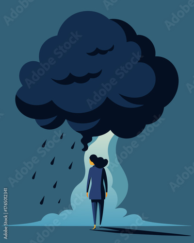 A dark storm cloud following a person wherever they go a haunting symbol of the constant turmoil and drama in their toxic relationship.. Vector illustration