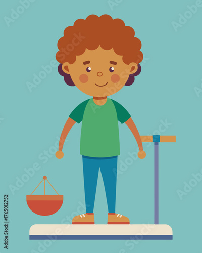 A child stands on a scale their weight shown to be significantly higher due to the invisible load of stress they carry on their small shoulders.. Vector illustration