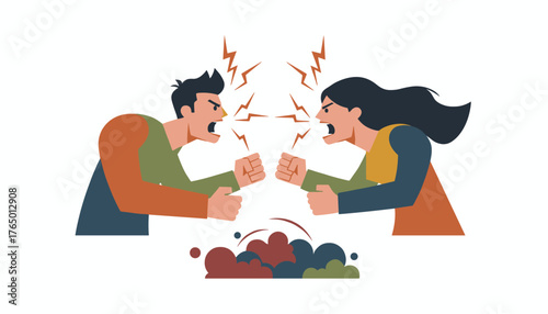 Vivid illustration of a man and a woman in a heated argument, faces contorted in anger, shouting with lightning bolts symbolizing conflict, against a clean white background, representing discord and
