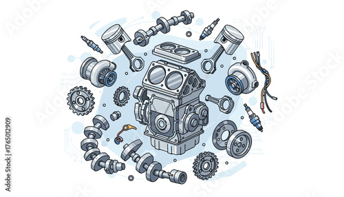 Detailed isometric view of a disassembled modern car engine, showcasing individual components like pistons, crankshaft, camshaft, spark plugs, turbochargers, and gears, arranged in a circular pattern