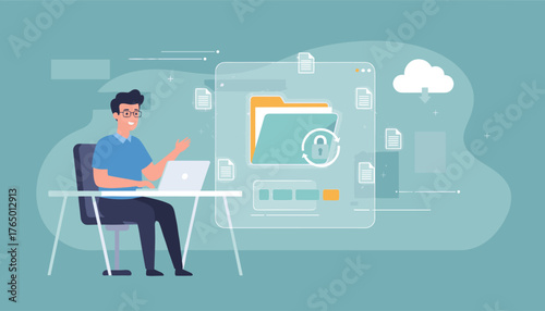 Modern digital data storage technology concept with a man working on a laptop, interacting with a secure cloud folder interface, representing file management, data security, and online backup
