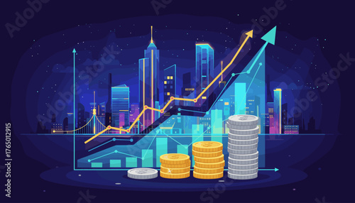 Vibrant digital illustration of financial charts and stacks of coins superimposed over a neon-lit cityscape at night, symbolizing economic growth and urban development, with upward trending arrows