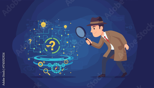 A cartoon detective in a trench coat and fedora hat peers through a magnifying glass at a glowing digital network filled with question marks, lightbulbs, and gears, symbolizing data analysis