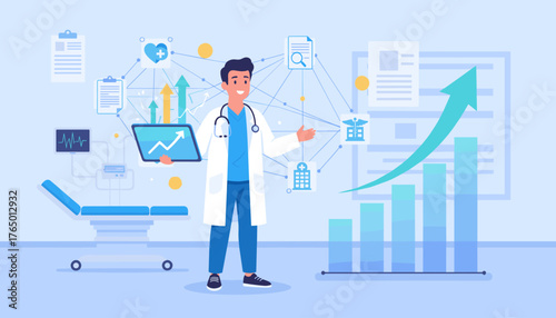 Smiling doctor in a white coat holding a tablet displaying a rising graph, surrounded by interconnected healthcare icons and a bar chart indicating business growth, symbolizing medical data analysis