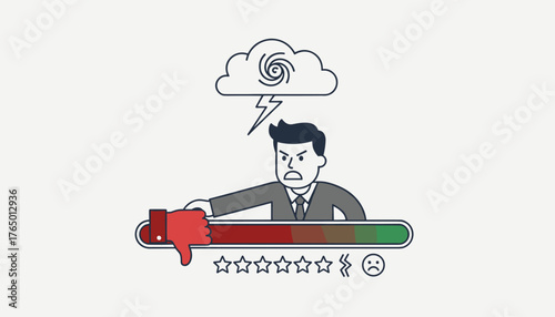 An angry businessman expresses extreme dissatisfaction with a thumbs-down gesture, a storm cloud and lightning overhead, and a low rating on a feedback scale, symbolizing negative reviews and