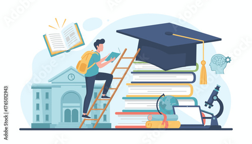 Vibrant illustration depicting the journey of education and academic achievement, featuring a student climbing a ladder of books towards a graduation cap, symbolizing college success and intellectual