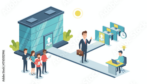 Isometric illustration of a modern office building with employees arriving for work, a manager greeting them, and a person working at a desk with a laptop and a lightbulb symbolizing an idea