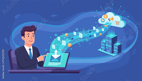 Vibrant illustration of a businessman interacting with a laptop, sending data and emails to a cloud server connected to a data center, symbolizing digital marketing and cloud computing services.