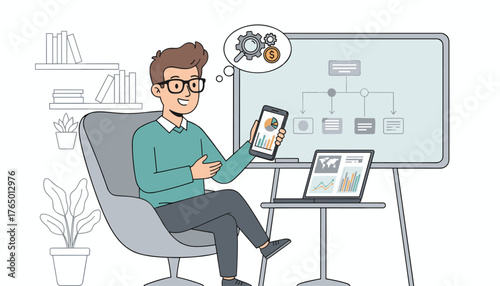 Young entrepreneur in glasses analyzing financial data on smartphone with charts and graphs, sitting in a modern office chair, with a laptop and whiteboard displaying business strategy and analytics