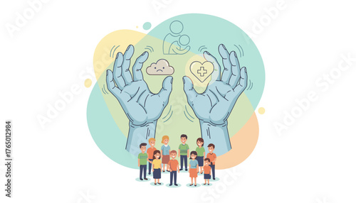 Conceptual illustration of elderly woman's hands displaying symptoms of Parkinson's disease, with a sad cloud and a heart with a cross symbol, representing health and well-being, surrounded by a