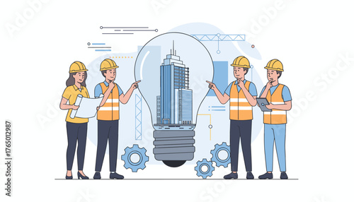 A team of engineers or architects, wearing hard hats and safety vests, are gathered around a giant light bulb containing a skyscraper, symbolizing innovation and construction projects, with gears and