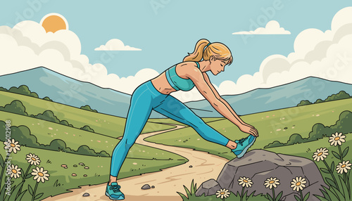 Vibrant illustration of a fit young woman with blonde ponytail, wearing teal athletic wear, stretching her legs outdoors on a sunny day amidst rolling green hills, mountains, and daisies, promoting a