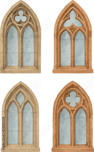Collection of Watercolor vector illustration of gothic windows
