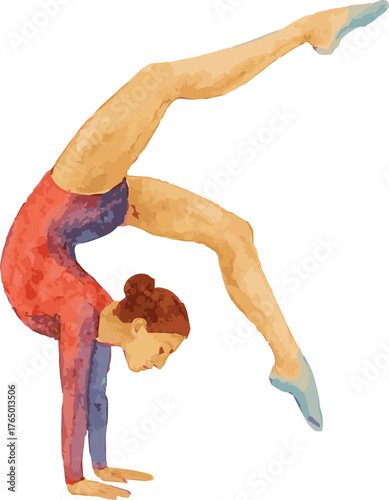 Vector watercolor cartoon illustration of a female gymnast