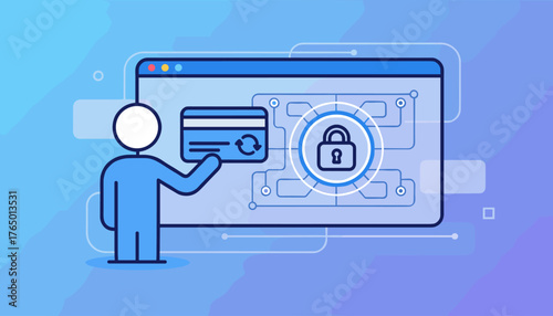 Digital identity verification concept: A person holds a KYC (Know Your Customer) card icon on a virtual screen displaying a secure padlock and network connections, symbolizing online security and