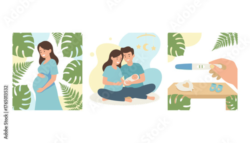 Vibrant illustration depicting the journey of pregnancy and motherhood, featuring a pregnant woman surrounded by lush foliage, a young couple tenderly holding their newborn baby, and a positive