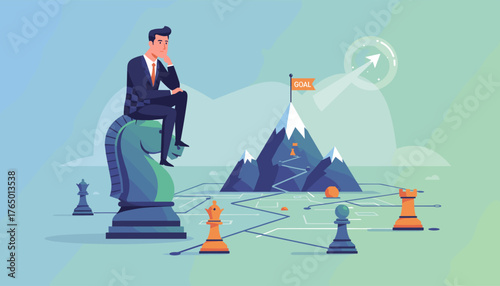 Strategic business planning and goal achievement visualized with a businessman contemplating on a chess knight piece, overlooking a mountain summit marked with a 'GOAL' flag and a winding path