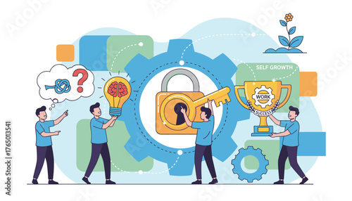 Teamwork and problem-solving concept illustration: characters collaborate to unlock success, holding a lightbulb for ideas, a key for solutions, and a trophy for achievement, symbolizing business