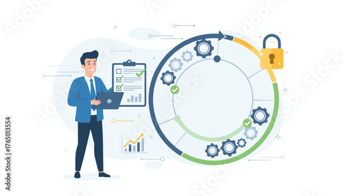 Business professional with laptop and checklist overseeing a circular workflow diagram with gears, progress indicators, and a padlock symbolizing project completion, security, and successful