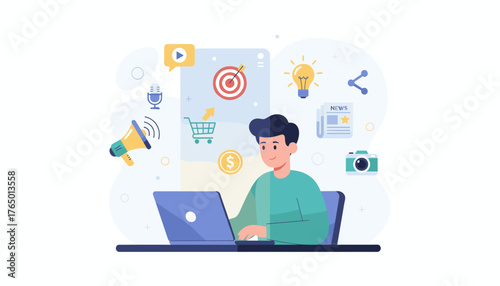 Modern flat illustration of a person working on a laptop, surrounded by icons representing public relations and marketing activities such as a megaphone, microphone, shopping cart, target, lightbulb