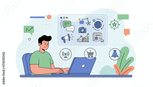 Modern flat illustration of a person working on a laptop, surrounded by digital marketing and communication icons, representing public relations and media relations in a business context with a focus