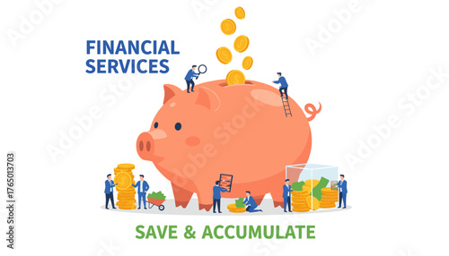 Vivid flat illustration depicting a large, cheerful piggy bank being filled with gold coins by tiny business people, symbolizing financial services, saving, and accumulation of wealth, with stacks of