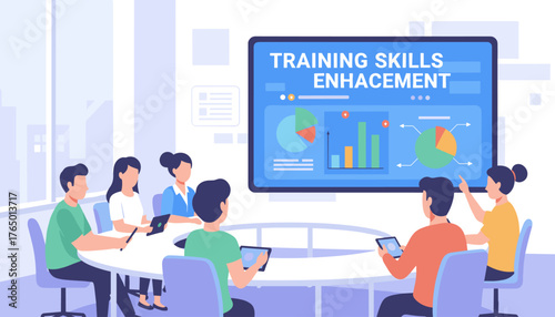 Modern flat illustration depicting a diverse group of people attending an online training session, focused on skill enhancement, with charts and graphs displayed on a large screen, symbolizing
