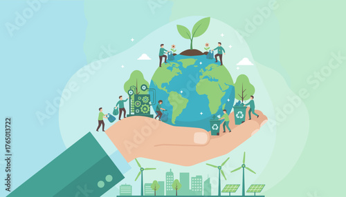 Vivid flat illustration depicting small people actively engaged in environmental conservation efforts, tending to a flourishing Earth held within a caring hand, symbolizing global responsibility and