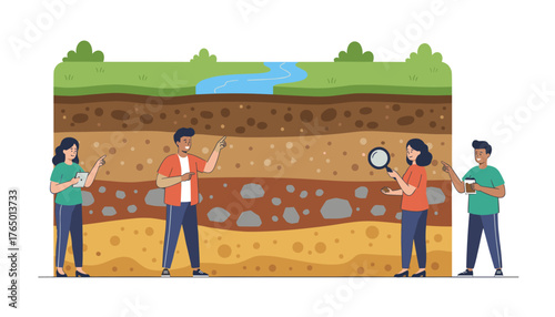 Vivid illustration depicting a cross-section of the Earth's soil layers, showcasing different strata with rocks and soil textures, alongside four diverse characters engaged in geological study and
