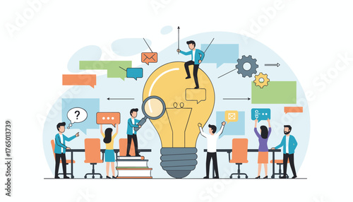 Vibrant vector illustration depicting a dynamic business meeting and brainstorming session centered around a giant illuminated lightbulb, symbolizing innovation and idea generation, with diverse team