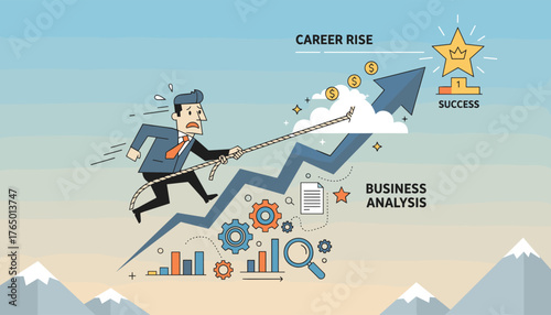 Vivid flat illustration depicting a determined businessman struggling to climb a steep, upward-trending graph towards career rise and success, symbolizing business analysis, growth, and achievement