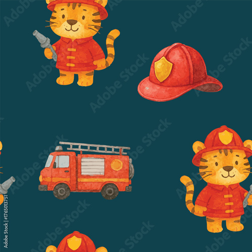 Vector seamless pattern with adorable painted tiger firefighter, firefighter cars and hats