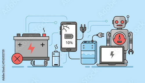 Flat design vector illustration of various discharged power sources including a car battery, smartphone with cracked screen and low battery, a cylindrical battery, a portable power bank, and a