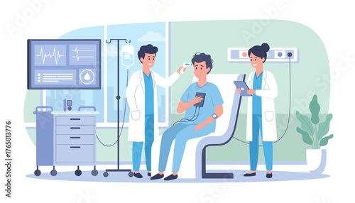 Vivid vector illustration depicting a patient in a hospital room receiving care from medical professionals, featuring vital signs monitor, IV drip, and temperature check, symbolizing healthcare and