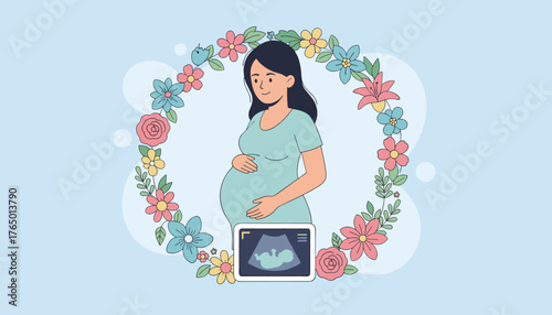 Vibrant vector illustration of a happy pregnant woman cradling her belly, surrounded by a colorful floral wreath, with an ultrasound image of a baby displayed below, symbolizing pregnancy