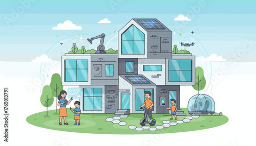 Vibrant vector illustration showcasing a futuristic smart home with a family interacting with technology, solar panels, a robotic arm, and a drone, symbolizing modern living and sustainable energy