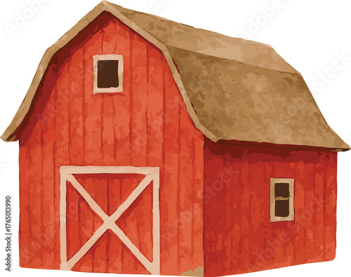 Watercolor vector illustrations of a red barn