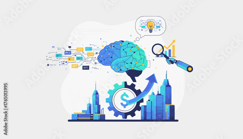 Abstract concept of artificial intelligence and machine learning, represented by a stylized brain connected to digital circuits, gears, and financial growth charts, symbolizing innovation, data