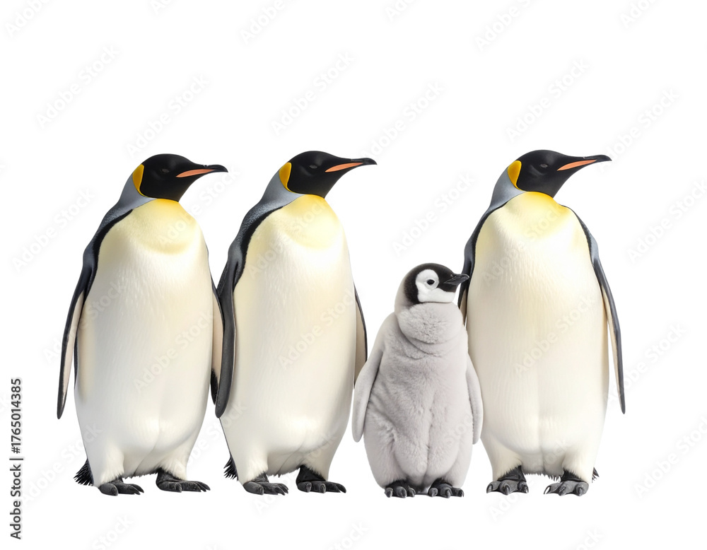 Fototapeta premium A family of emperor penguins standing together on a black background