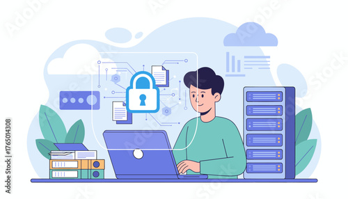Digital security concept: A smiling person uses a laptop with a prominent padlock icon and network connections, symbolizing data protection, privacy, and confidentiality in a modern technological