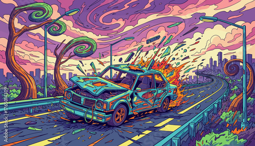 Surreal and dramatic car crash scene with vibrant, distorted wreckage engulfed in flames on a highway, against a backdrop of a swirling, psychedelic sky and a stylized cityscape, symbolizing chaos