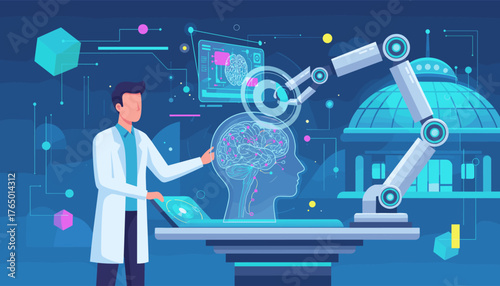 A scientist in a lab coat interacts with a holographic projection of a human brain, assisted by a robotic arm and advanced technology, symbolizing medical innovation and artificial intelligence in