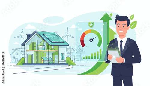 Vibrant illustration showcasing a modern, energy-efficient house with solar panels and wind turbines, symbolizing sustainable living and renewable energy solutions, alongside a businessman holding a