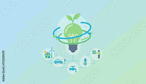 Eco-friendly energy saving concept with a glowing light bulb sprouting leaves, surrounded by icons of renewable energy sources, electric car, smart home, water conservation, and temperature control