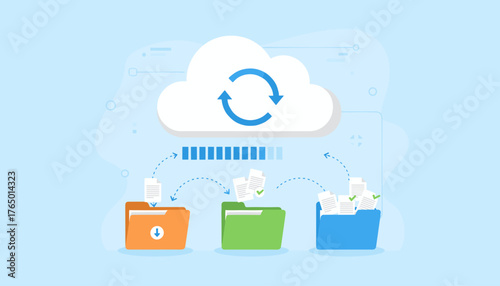 Flat illustration of cloud storage with tracking downloads and uploads, symbolizing data synchronization and file transfer between folders and the cloud, with a progress bar indicating transfer