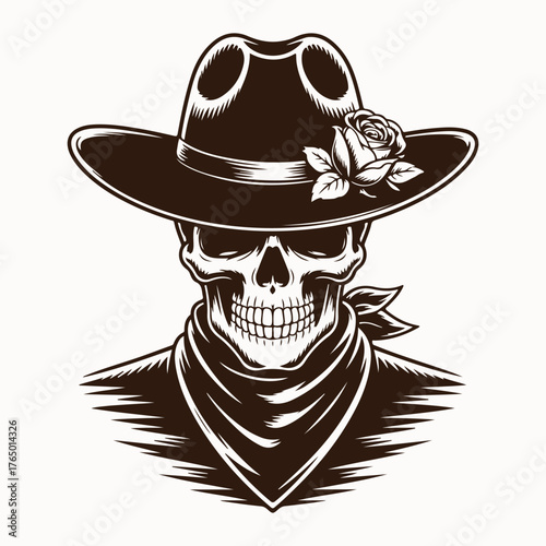 Skull wearing a cowboy hat with a rose and bandana